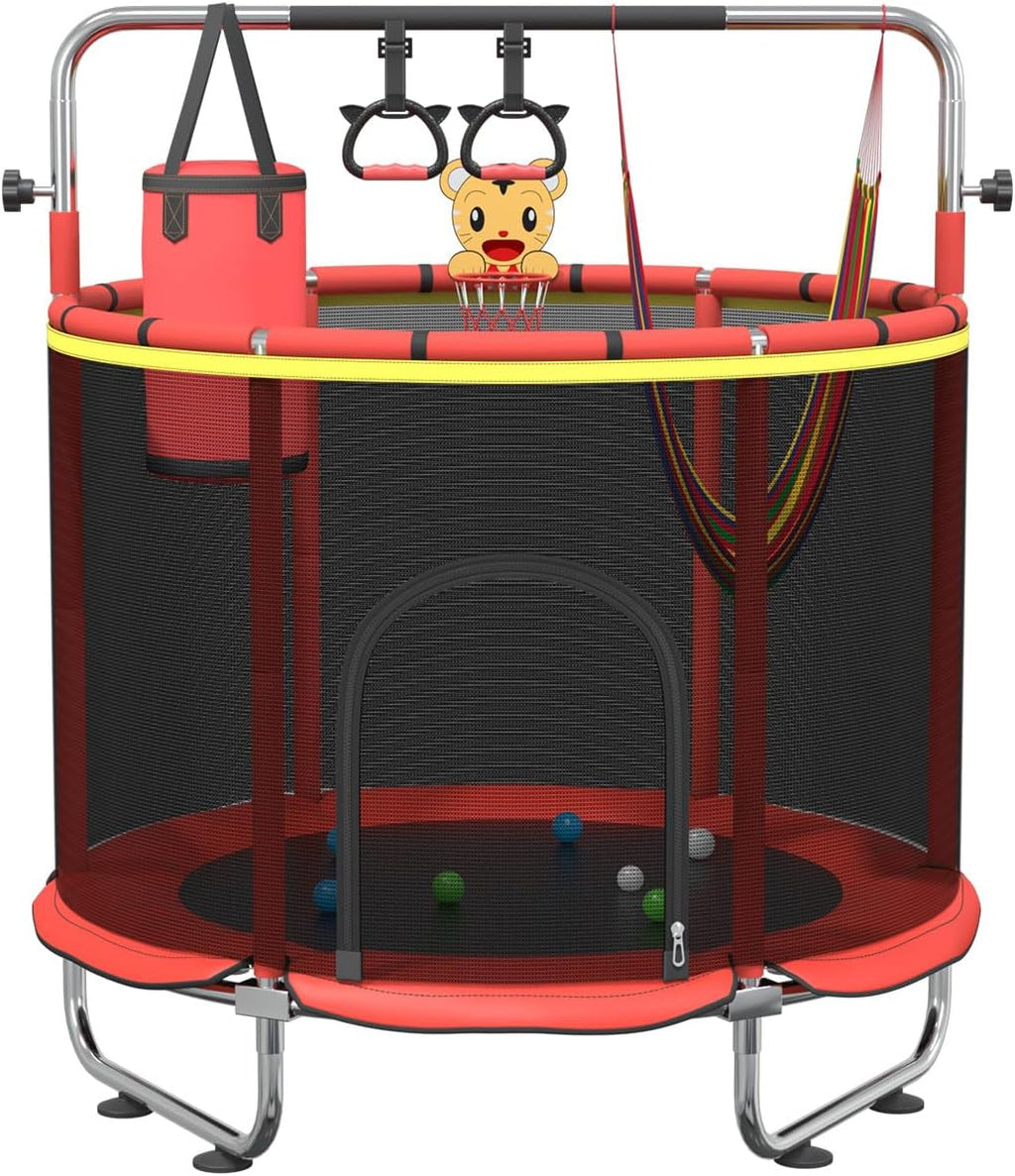 60' Trampoline for Kids,5FT Adjustable for Toddler Trampoline with Enclosure Net,Trampolines Indoor/Outdoor with Basketball Ball& Toys for Boys & Girls