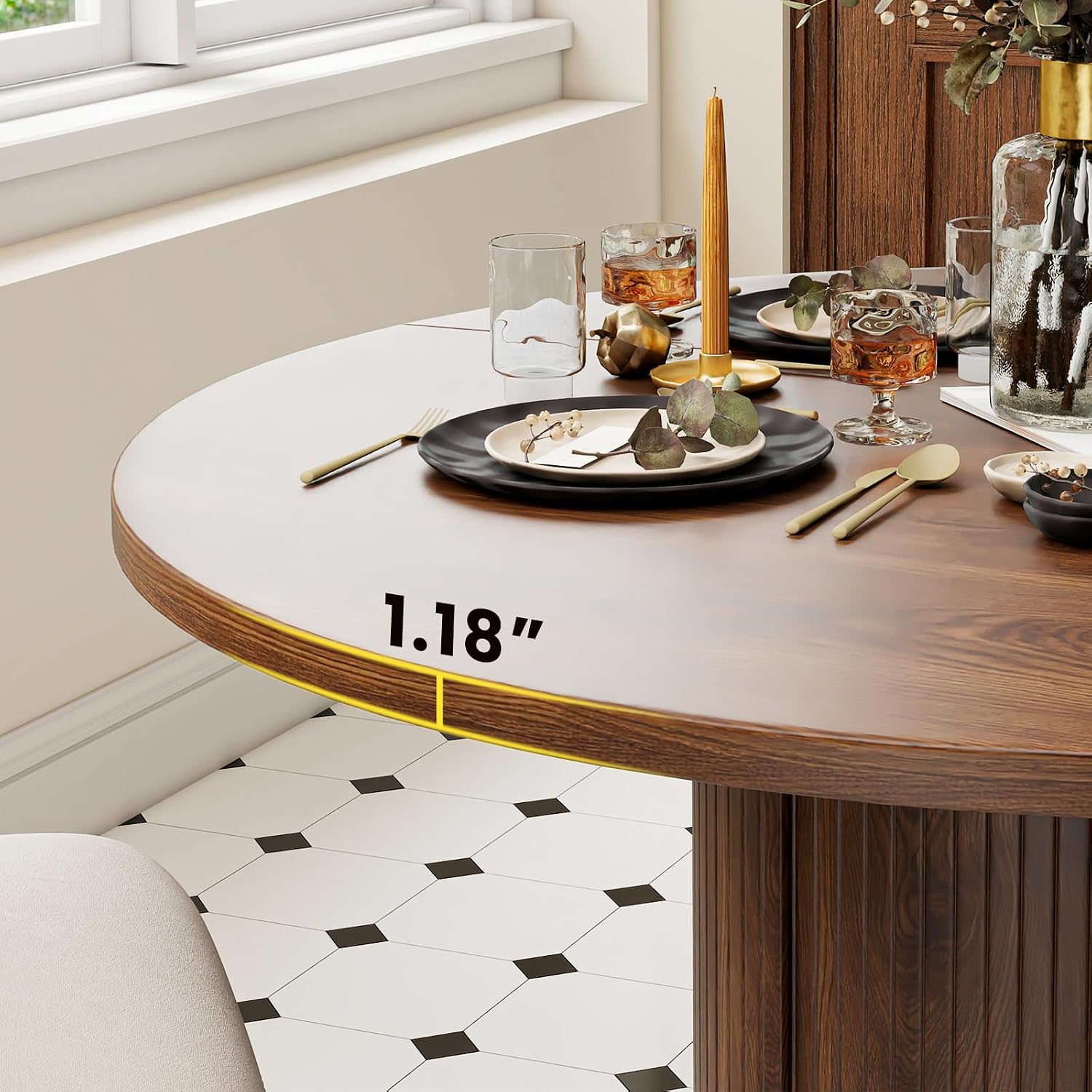 47' Round Dining Table with 2-Tier Hidden Storage - Space Saving Wood Kitchen Table for Small Spaces, Seats 4-6, Mid-Century Modern Circle Design,Brown