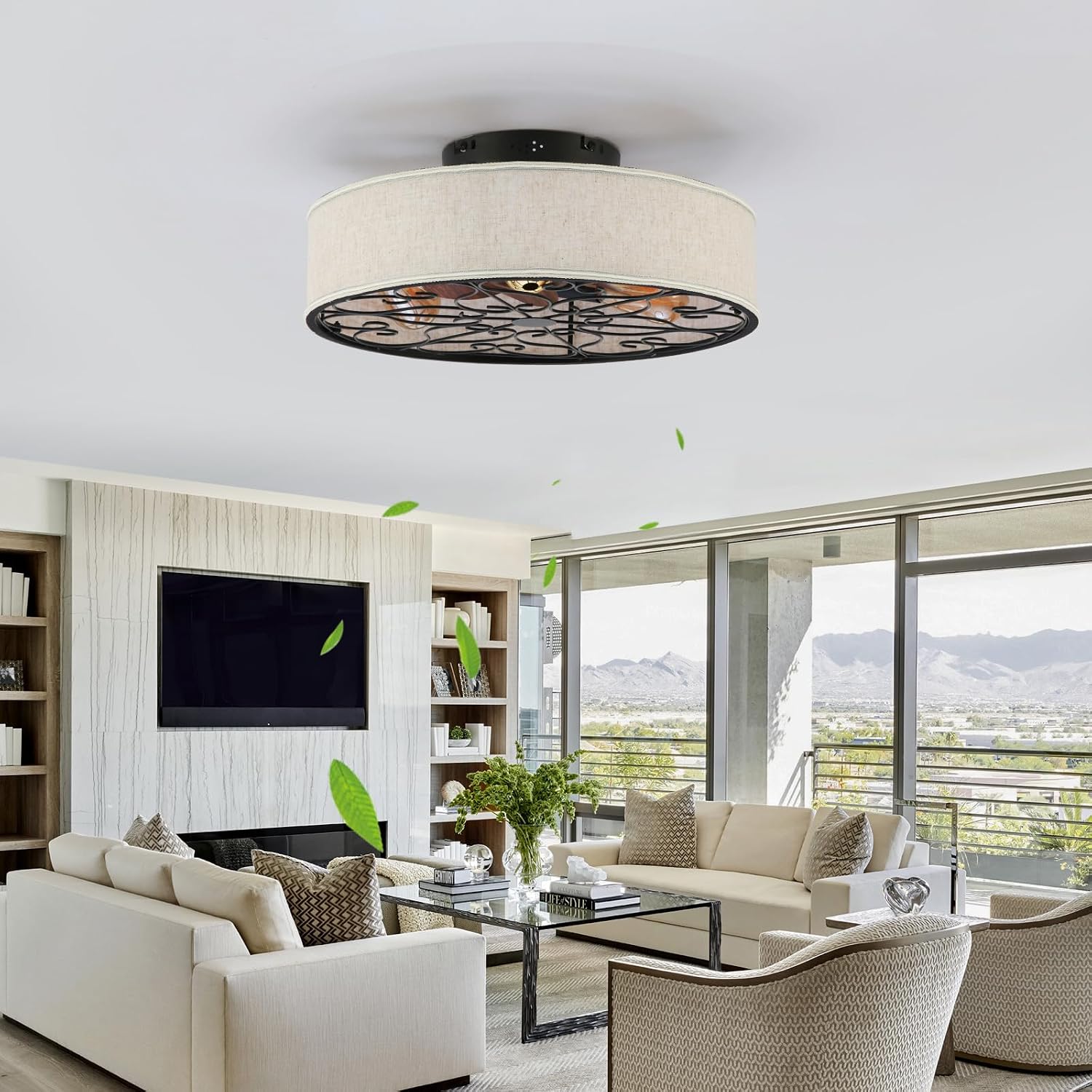 20 Inch Caged Ceiling Fans with Lights Flush Mount,Low Profile Fabric Farmhouse Bladeless Ceiling Fan with Remote, Farmhouse White Ceiling Fan for Bedroom,6 Speeds Reversible Silent Fandalier