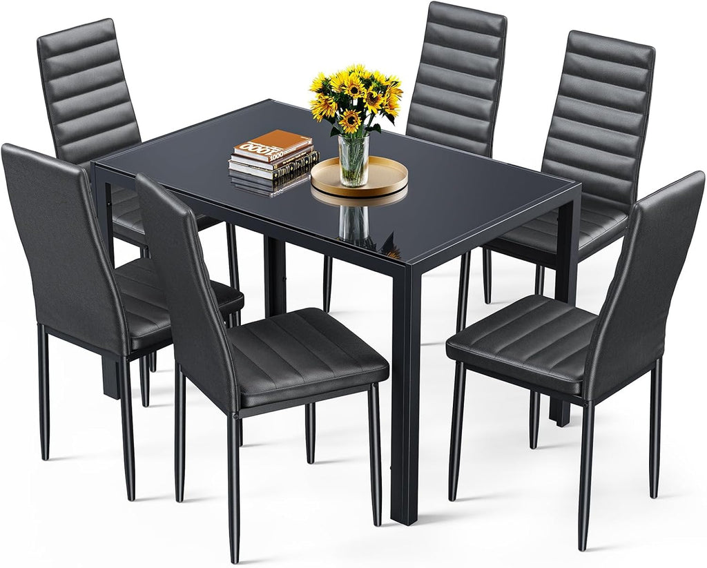 Bealife Kitchen Dining Table Set for 6, Tempered Glass 7 Piece Table and Chairs Set Modern for Home, Kitchen, Living Room, Dining Room,Black