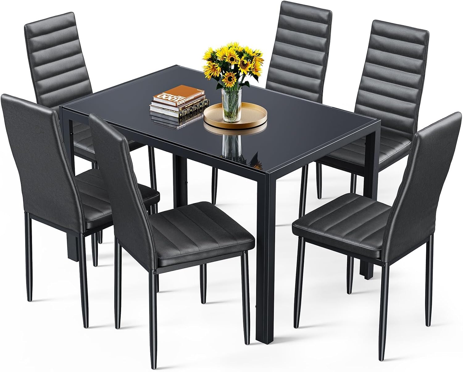 Bealife Kitchen Dining Table Set for 6, Tempered Glass 7 Piece Table and Chairs Set Modern for Home, Kitchen, Living Room, Dining Room,Black