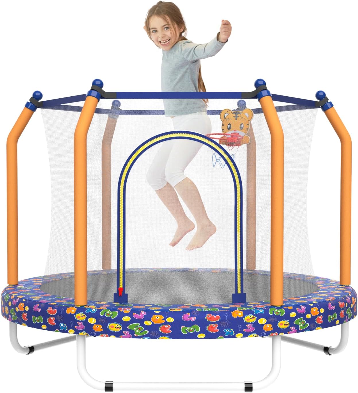 Mersco 55' Trampoline for Kids, 440lbs Capacity Indoor & Outdoor Toddler Kids Trampoline with Basketball Hoop, Safety Enclosure, Birthday Gifts for Boy and Girl, Age 1-8