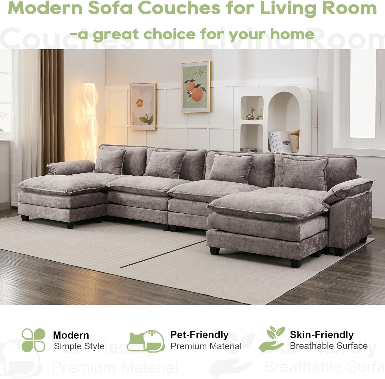 Oprisen 154' Modular Sectional Sofa, Comfy Cloud Couch Sectional Sofa with Ottoman, Chenille Sofa Sleeper Deep Seat Sofa with Throw Pillows for Living Room (Light Gray, 154'- U Shape)