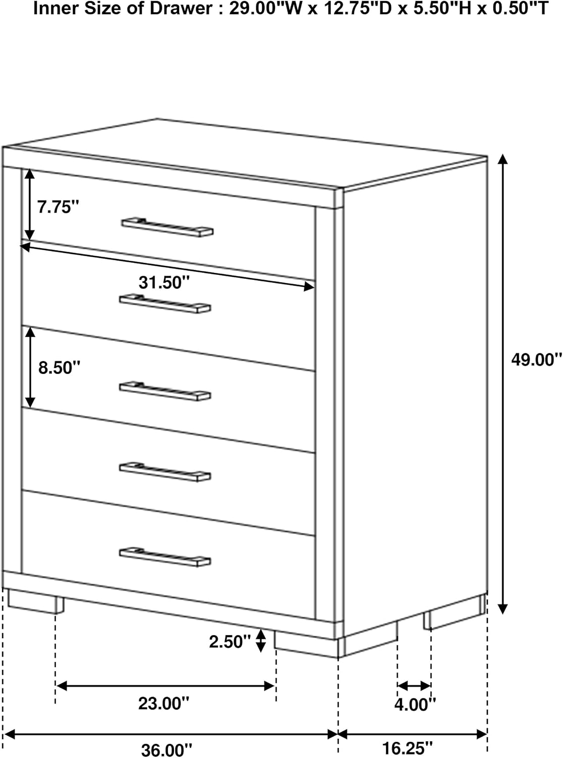 Coaster Home Furnishings - Jessica - Wood - 5-Drawer Chest with Silver Bar Handles, Felt-Lined Top Drawer and Metal Extension Glides - Contemporary - Bedroom - Cappuccino - 200715