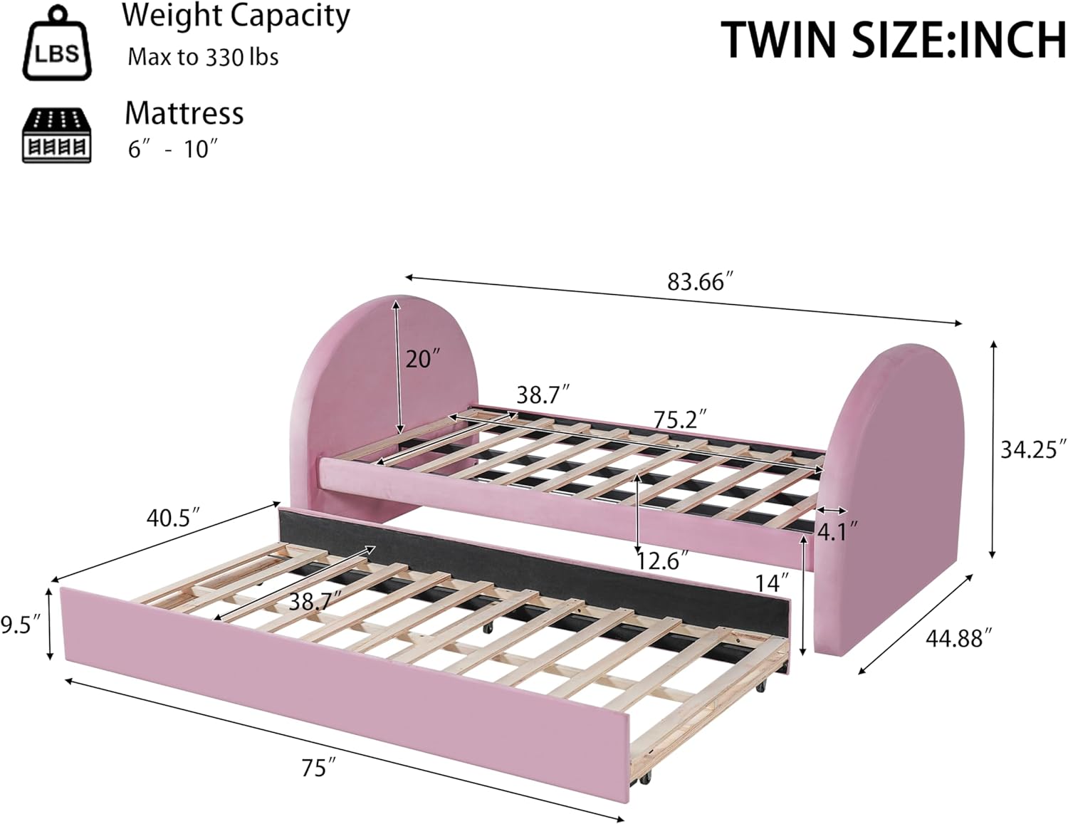 Christopher Knight Home Leonhart Velvet Upholstered Twin Size Bed Frames with Headboard/Footboard, Day Bed Frame Twin with Pull-Out Functionality, Iron Frame + Wooden Slat Trundle Bed Twin, Pink