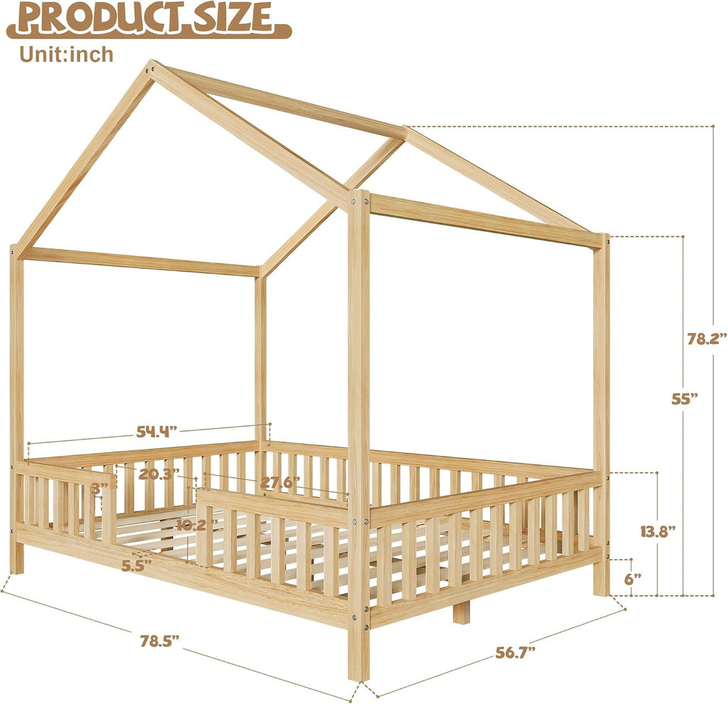 Bellemave Full House BedFrame with Canopy, Montessori Floor Bed, House Bed with Rails for Kids, Natural