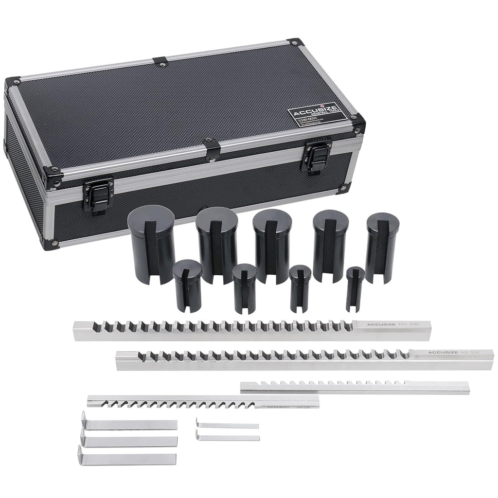 Accusize Industrial Tools - No.10 HSS Keyway Broach Set, 18 Pcs with Precision Ground Teeth, Includes 4 Broaches & 9 Bushings, 5100-0010 | Cuts 18 Keyways, B-1/8, 3/16, C-1/4, 3/8 in, Precision Ground HSS, Fitted Case, 5100-0010