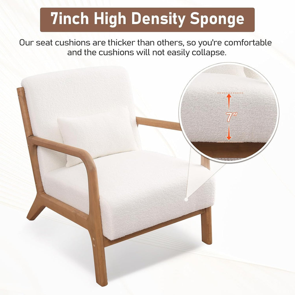 ANJ Mid Century Modern Accent Chair, Single Fabric Lounge Reading Armchair with Solid Wood Frame, Easy Assembly Arm Chairs for Living Room, White