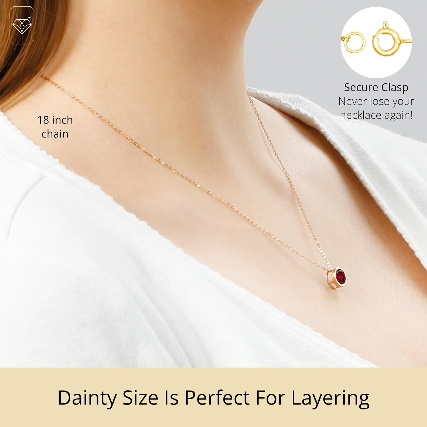 MAX + STONE 14K Gold Gemstone Pendant with 7mm Round Bezel Birthstone | Dainty Round Necklace for Women with Gold 18 Inch Cable Chain | Secure Clasp Pendants with Gift Box