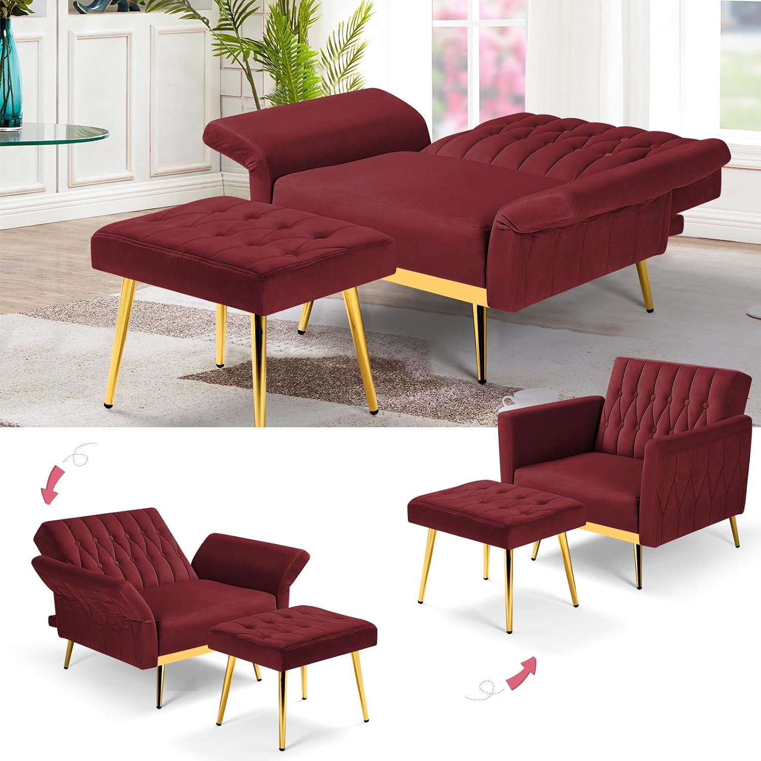 Velvet Accent Chair with Adjustable Armrests and Backrest, Button Tufted Lounge Chair, Single Recliner Armchair with Ottoman and Pillow for Living Room, Bedroom, Red