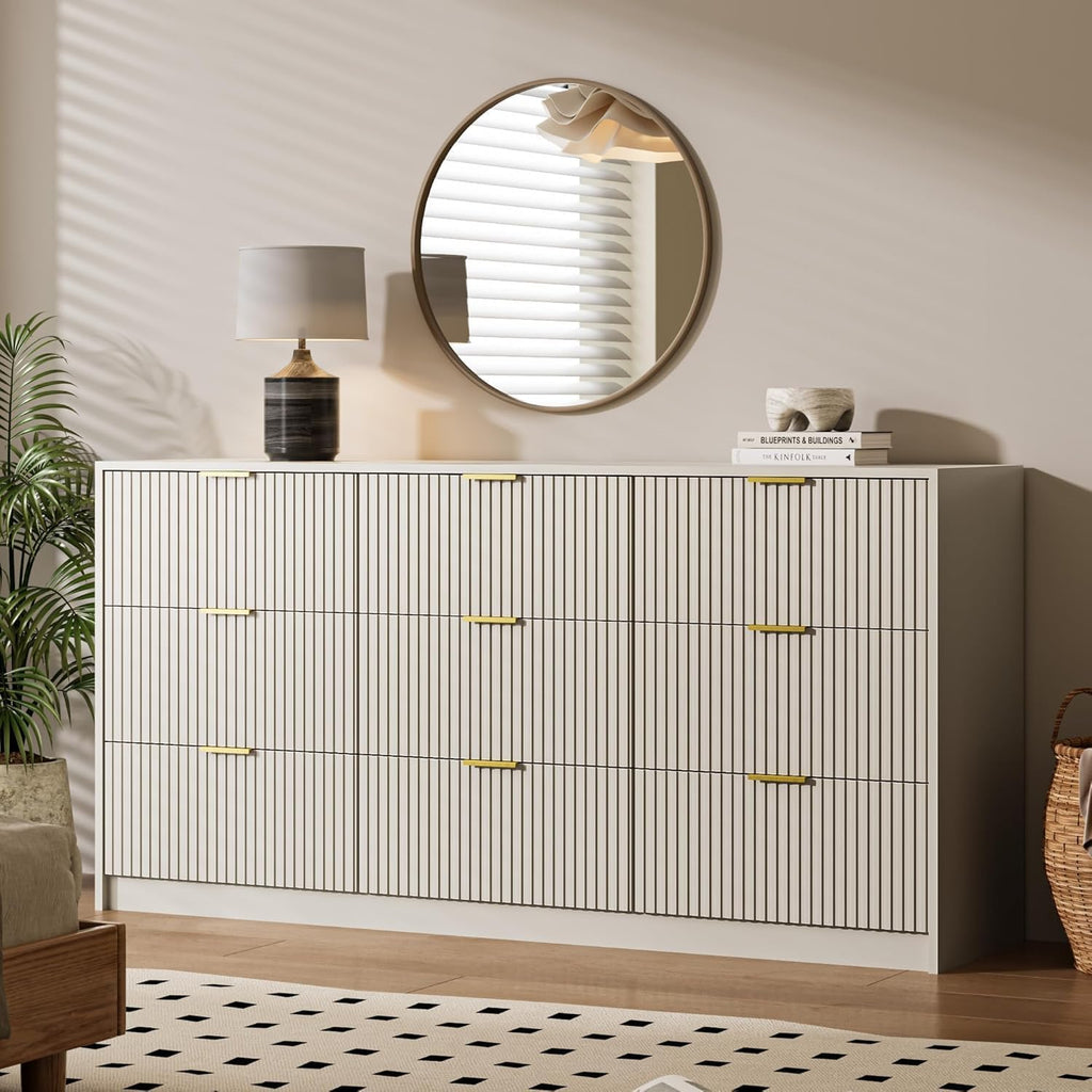 MAISONARIA Beige 9 Drawer Dresser for Bedroom, 63' Wide Modern Fluted Dresser with Gold Metal Handles, Chest of Drawers for Bedroom, Living Room, Entryway, Hallway