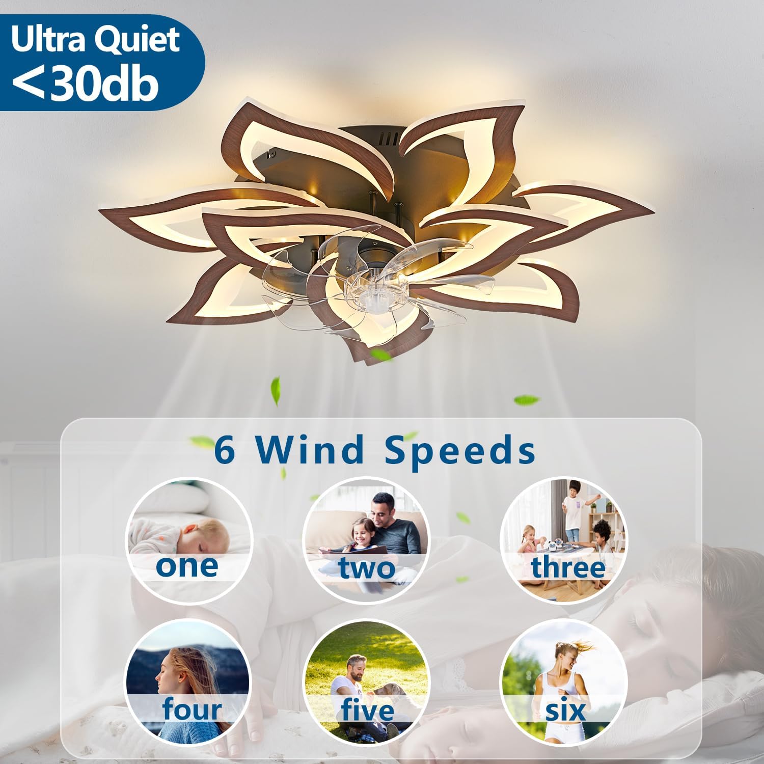 Dalouguan Modern Ceiling Fan with Lights Remote Control, 32' Wood Ceiling Fan with Light, 6 Speeds 3 Light Color Low Profile Flush Mount Ceiling Fan for Kitchen Bedroom