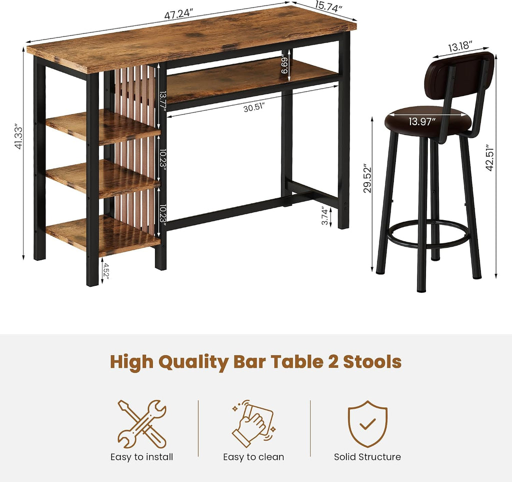 Recaceik 3 Piece Bar Dining Table Set, Modern Bar Table and Stools for 2, Kitchen Counter Height Dining Table Set with 4 Storage, Breakfast Nook Set Pub Table with Backrest