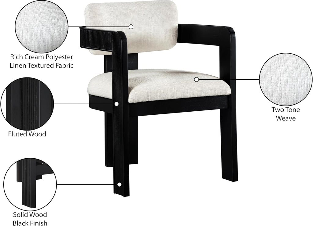 Meridian Furniture Sacha Collection Art Deco Dining Chair, Solid Fluted Wood, 22.5' W x 22' D x 31' H, Set of 2 (Cream, Black Finish, Linen Textured Fabric)