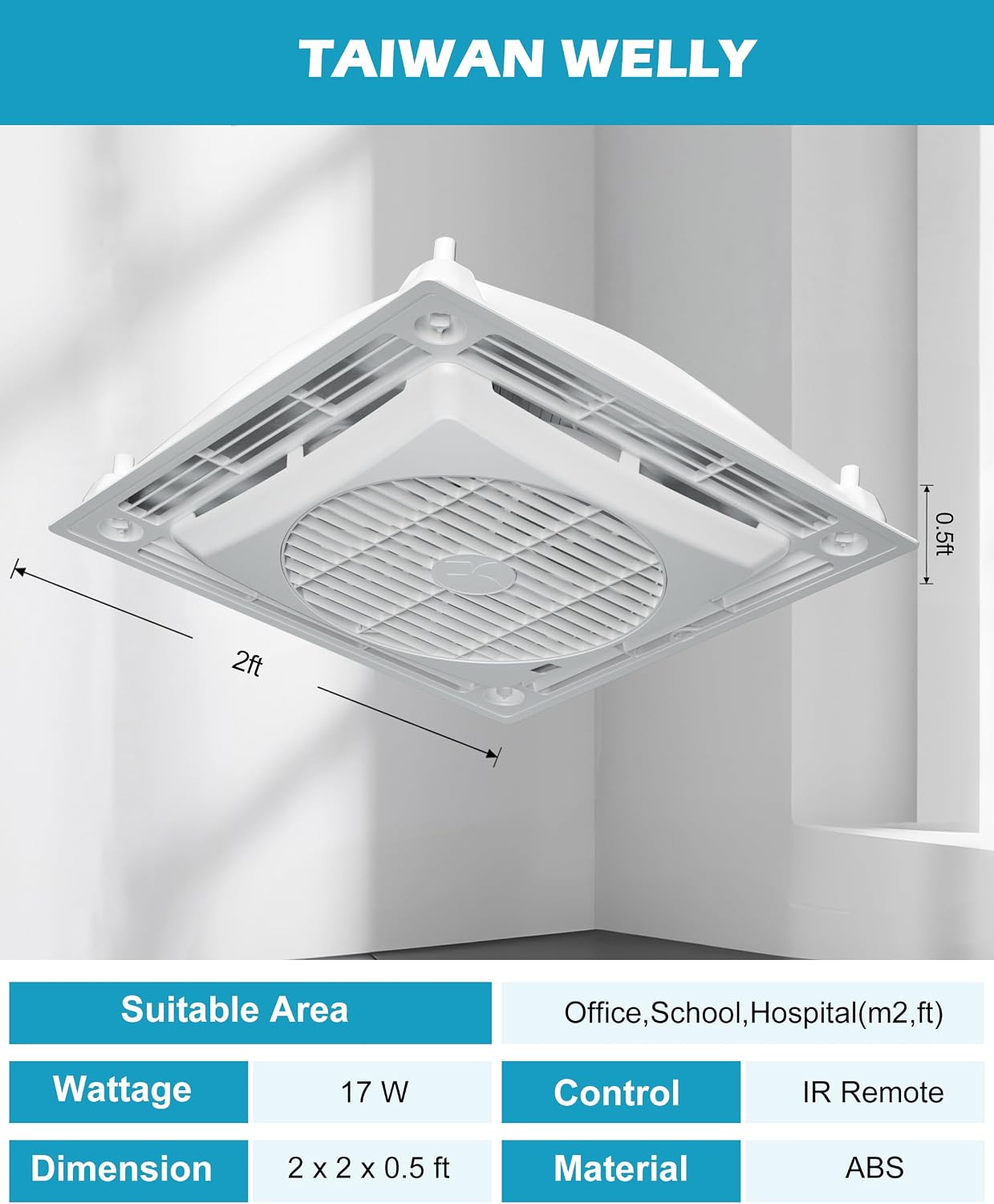 WELLY Taiwan Drop Ceiling Tile Fan, 2x2 Air Circulating Flush Mount Ceiling Fans, DC Motor Ultra Quiet 15 Wind Speeds Ventilation, 23.7 inch 18db for Home and Office, WL-4