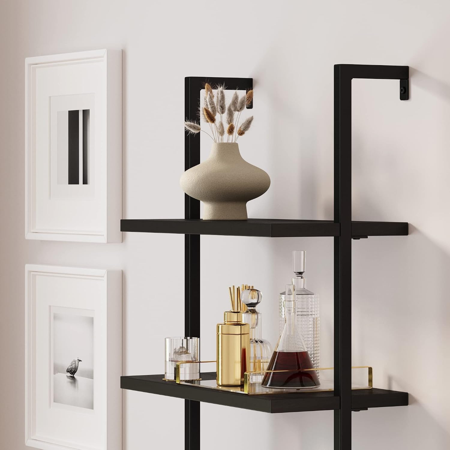 Nathan James Theo Modern Bookcase with Rattan Cabinet in Matte Black and Light Oak Finish with Matte Black Metal Frame for Living Room, Home Office Storage