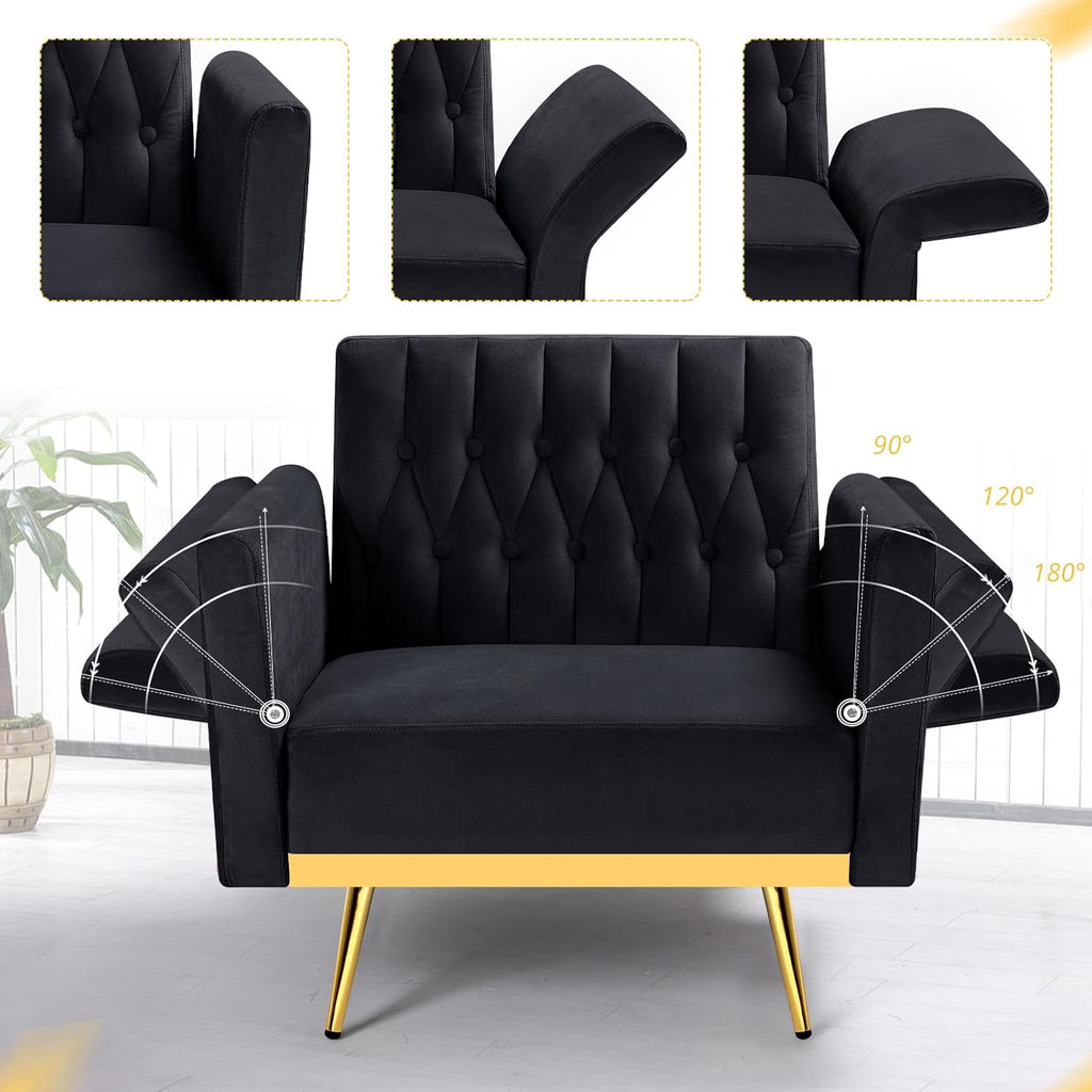 Velvet Accent Chair with Adjustable Armrests and Backrest, Button Tufted Lounge Chair, Single Recliner Armchair with Ottoman and Pillow for Living Room, Bedroom, Black