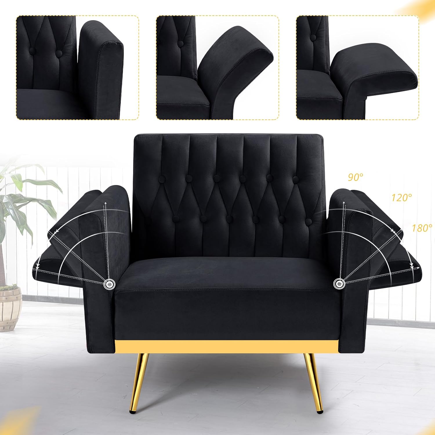 Velvet Accent Chair with Adjustable Armrests and Backrest, Button Tufted Lounge Chair, Single Recliner Armchair with Ottoman and Pillow for Living Room, Bedroom, Black