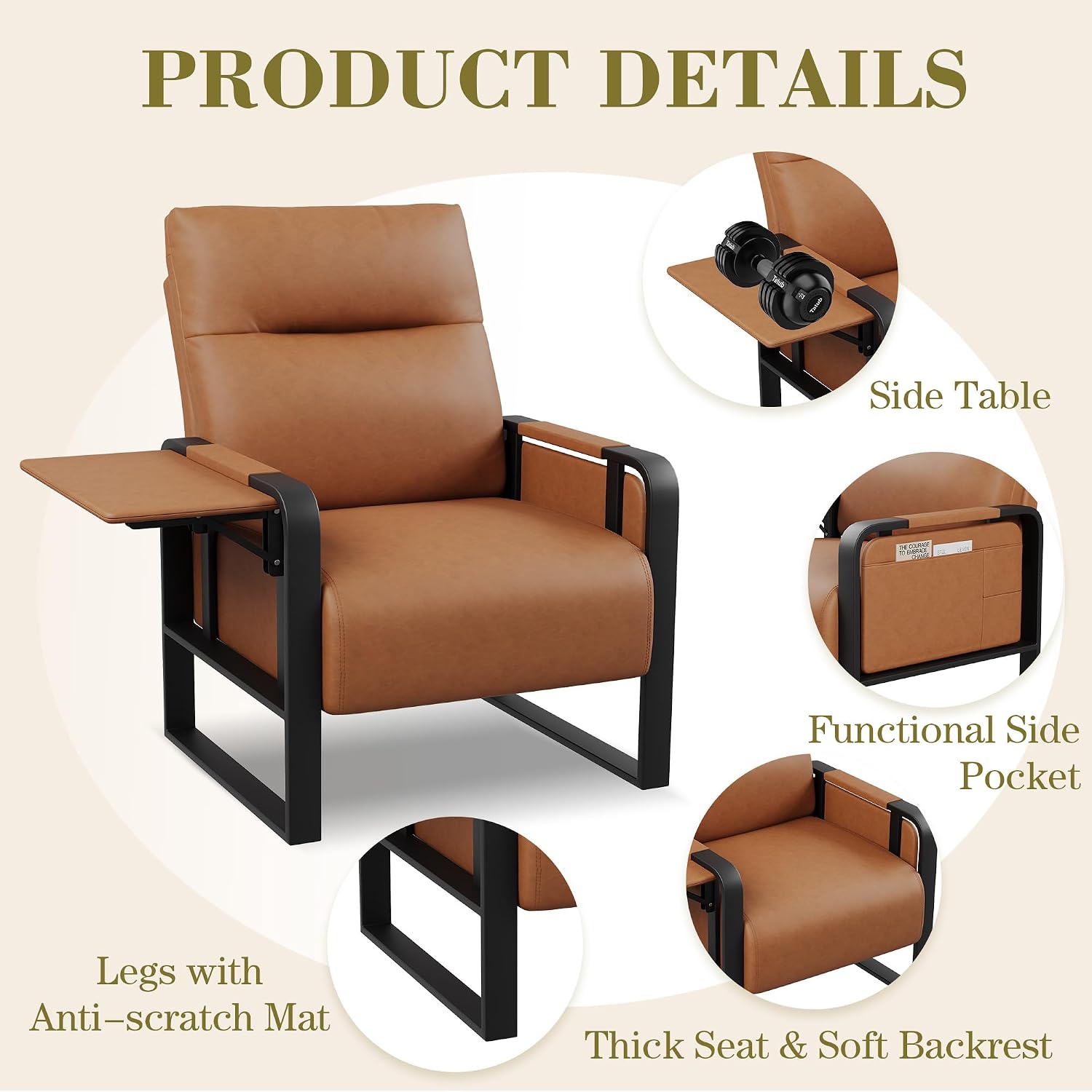 Modern Brown Accent Chair PU Leather Upholstered Armchair with Foldable Side Table for Bedroom Living Room Chairs Office Chair