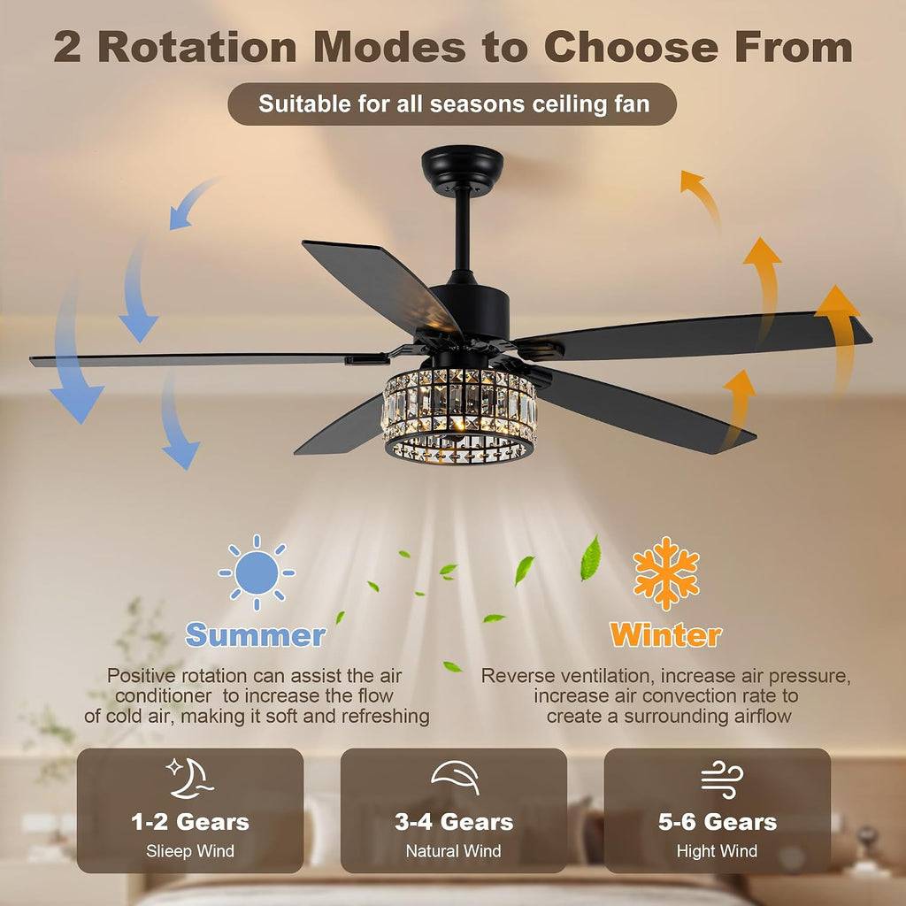 Chandelier Ceiling Fans with Lights and Remote,Caged Ceiling Fan with Light,App 5 Blades E26 Fandelier Ceiling Fans with Lights,Crystal Ceiling Fan for Bedroom,Living Room. (Black, 60 Inch)