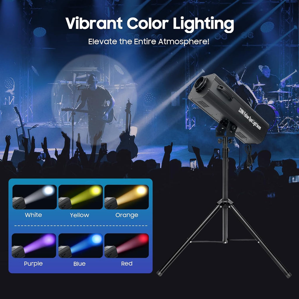 230W Professional Stage Spotlight with Adjustable Height Tripod Stand, 6 Colors 3 Color Temperatures 3200K-6000K, Adjustable Focus Follow Spot Light for Weddings, DJ, Theater & Event