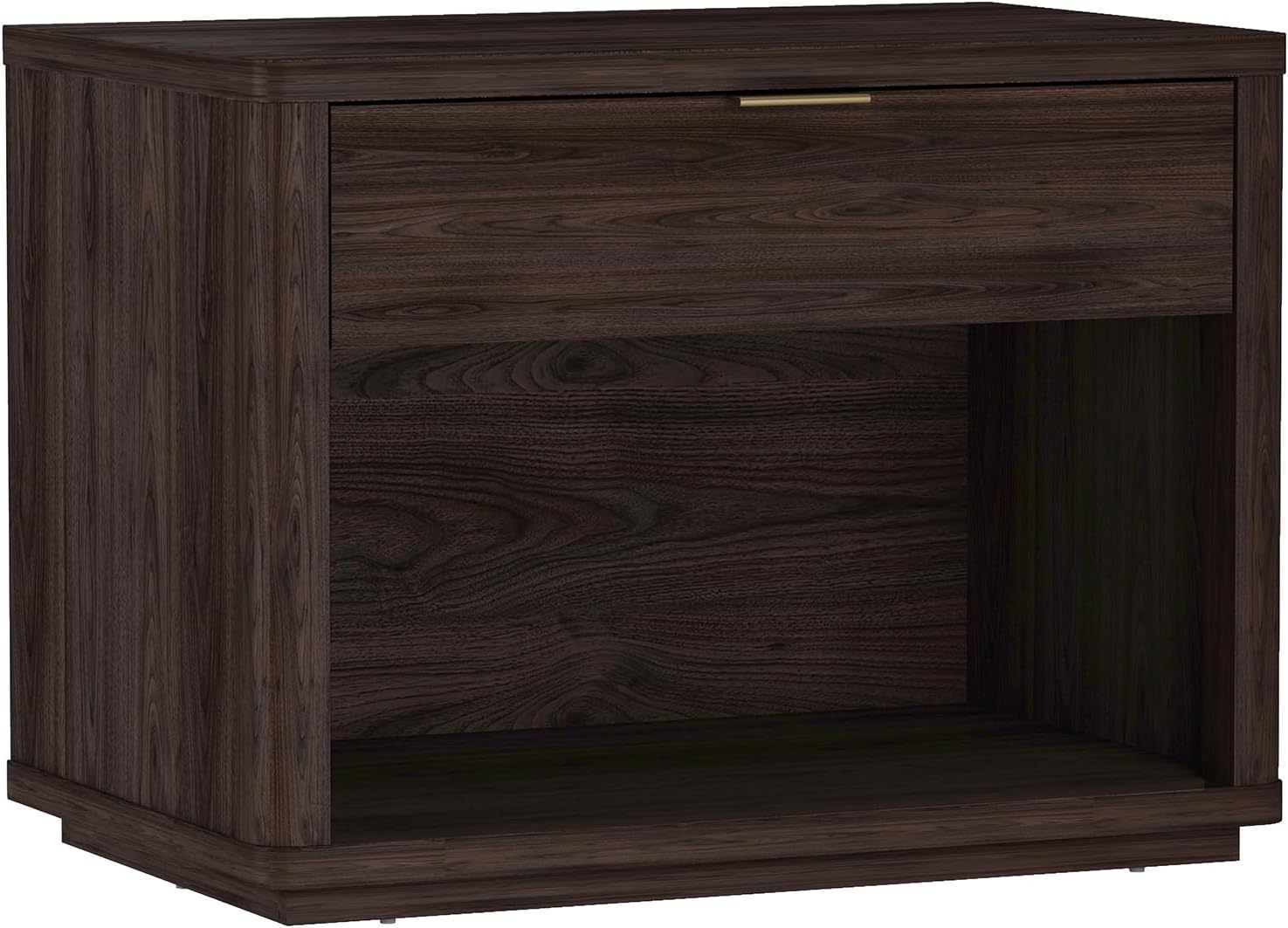 Manhattan Comfort Evelyn Set of 2 Nightstands with Drawer and Open Shelf Cubby, Minimalist Bedside Table with Rounded Corners and Raised Base, Modern Night Stand for Bedroom, or Living Room in Brown