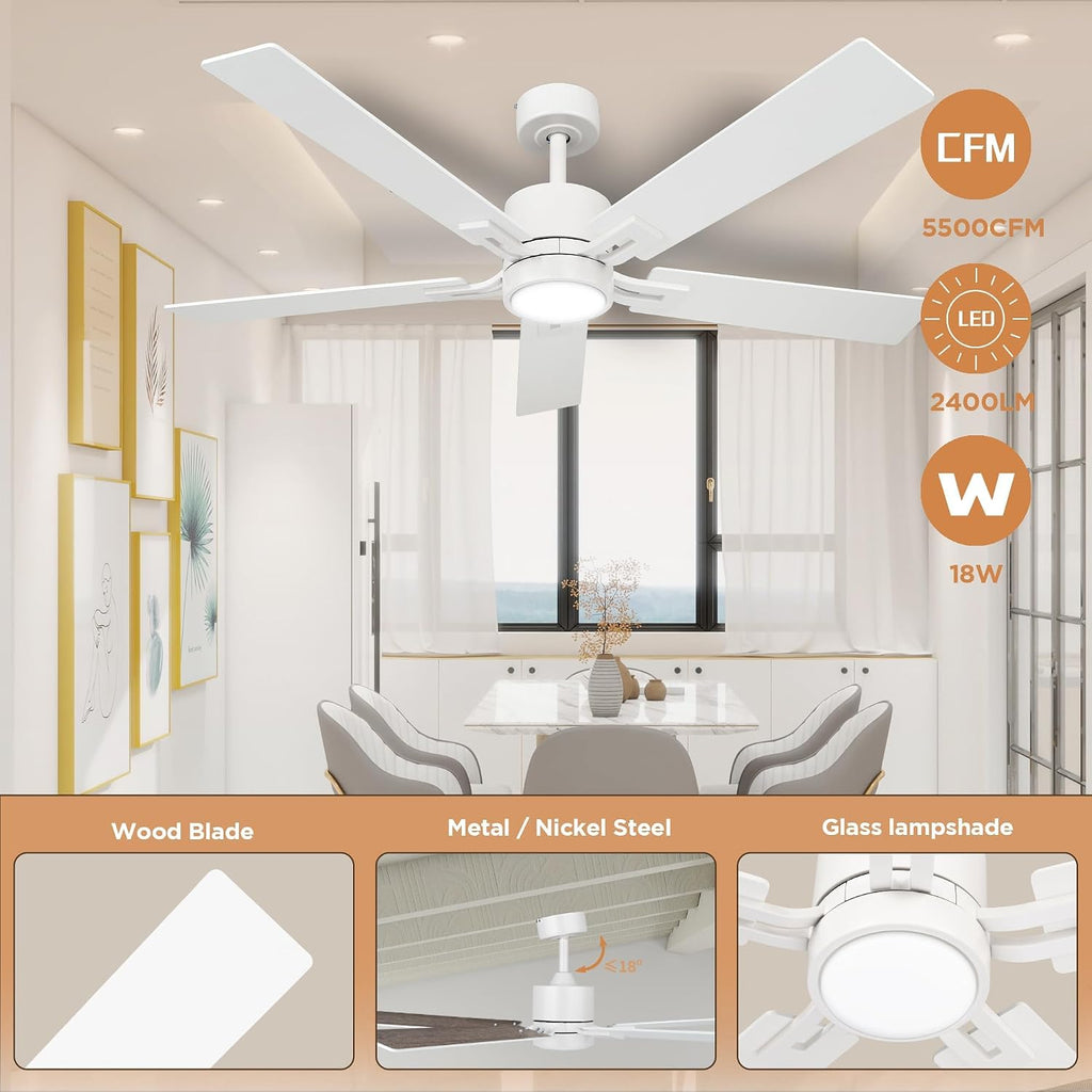 Ceiling Fan with Light Remote: 52 inch Modern Bedroom Fans with Dimmable Tri-Color Temperatures LED - Quiet Reversible DC Motor - Indoor Home Use (Matte White-5, 52 Inch)