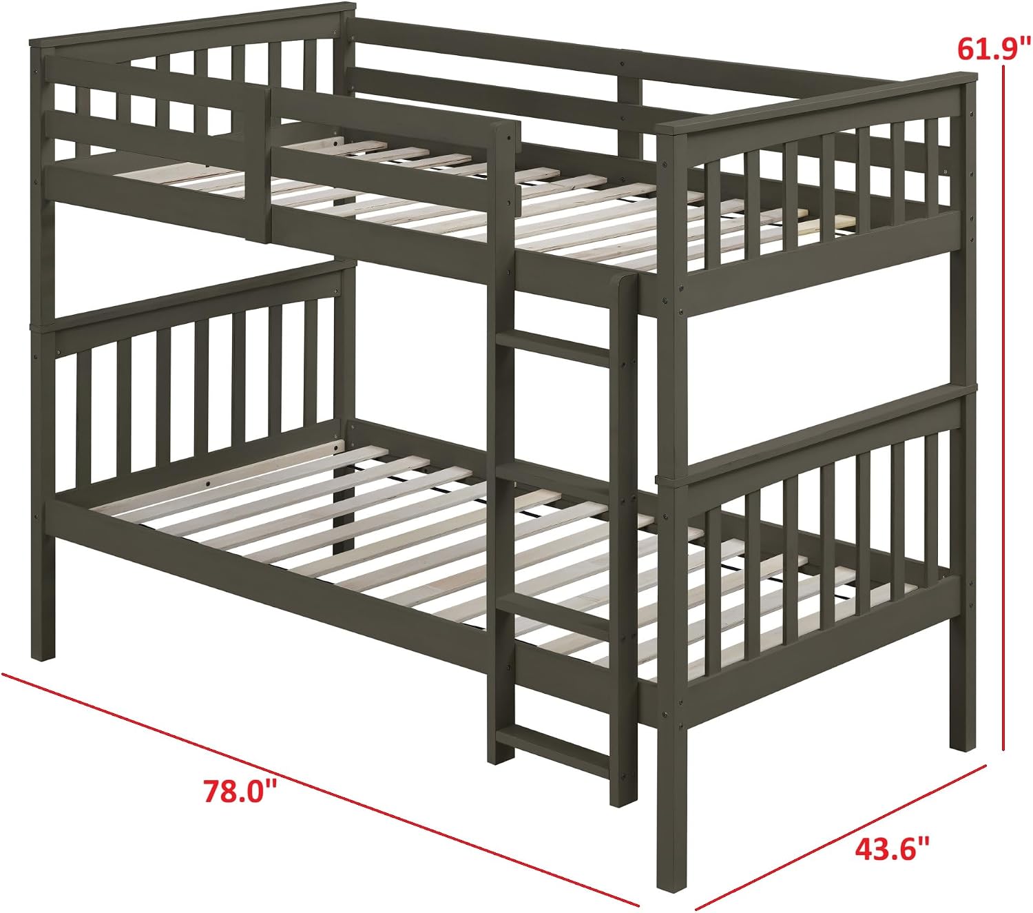 HOME DESIGN Ames Twin Over Twin Solid Wood Standard Bunk Bed with Guardrails and Ladder, Convertible to Two Twin Beds, Gray