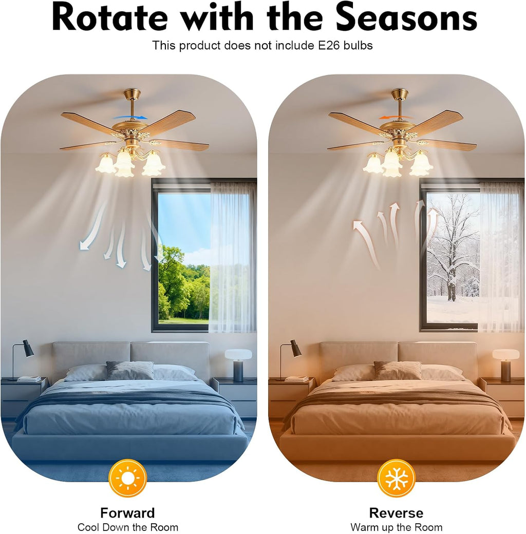 52' Vintage Ceiling Fan with Light - Remote Control 6-Speed Flush Mount Fan with LED, 5 Wood Blades for Bedroom/Living Room/Dining Room (Gold,5203CFM)