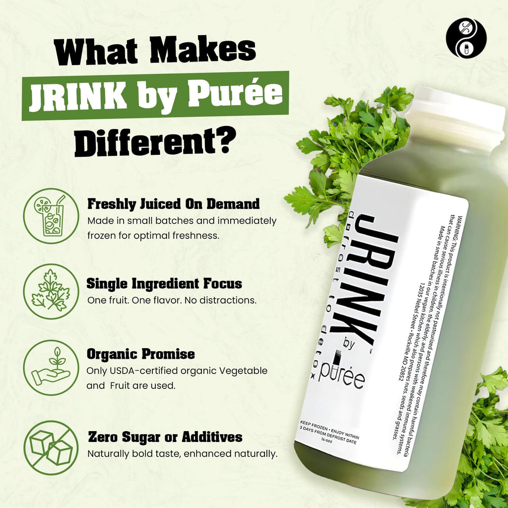 JRINK by Purée Organic Celery Juice, Cold Pressed Detox Cleanse Drink, Organic Vegetable and Fruit Healthy Cleanse, Raw Pressed Juice, Fresh, Pure, No Preservatives, 12 Bottles, 16oz Each