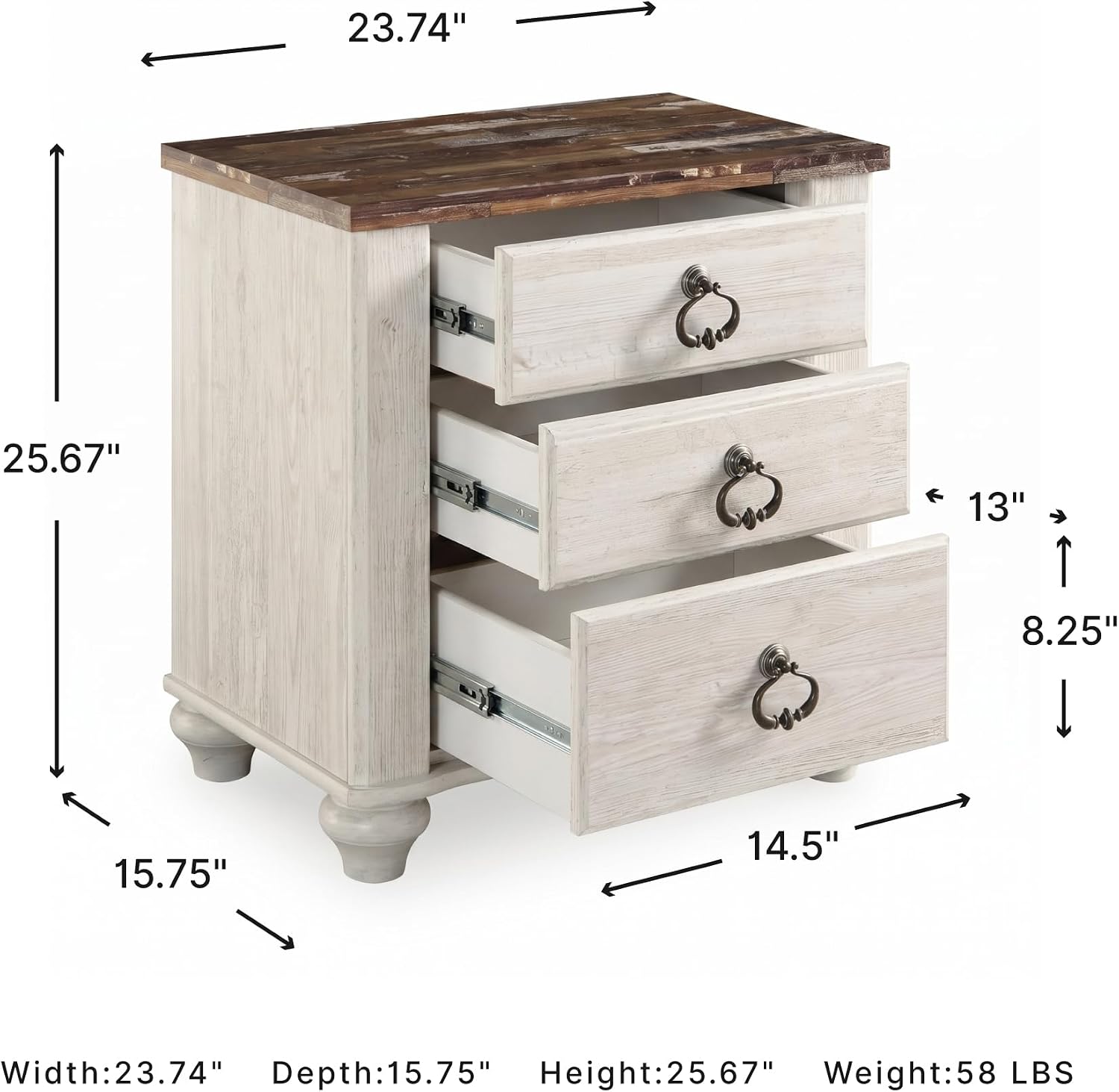 Signature Design by Ashley Willowton Farmhouse 2 Drawer Nightstand with USB Charging Ports, 25.67' Tall, Whitewash