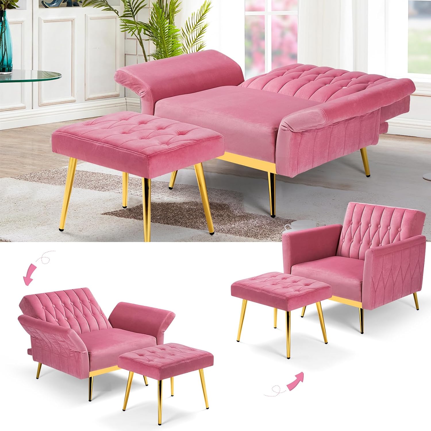 Velvet Accent Chair with Adjustable Armrests and Backrest, Button Tufted Lounge Chair, Single Recliner Armchair with Ottoman and Pillow for Living Room, Bedroom, Pink