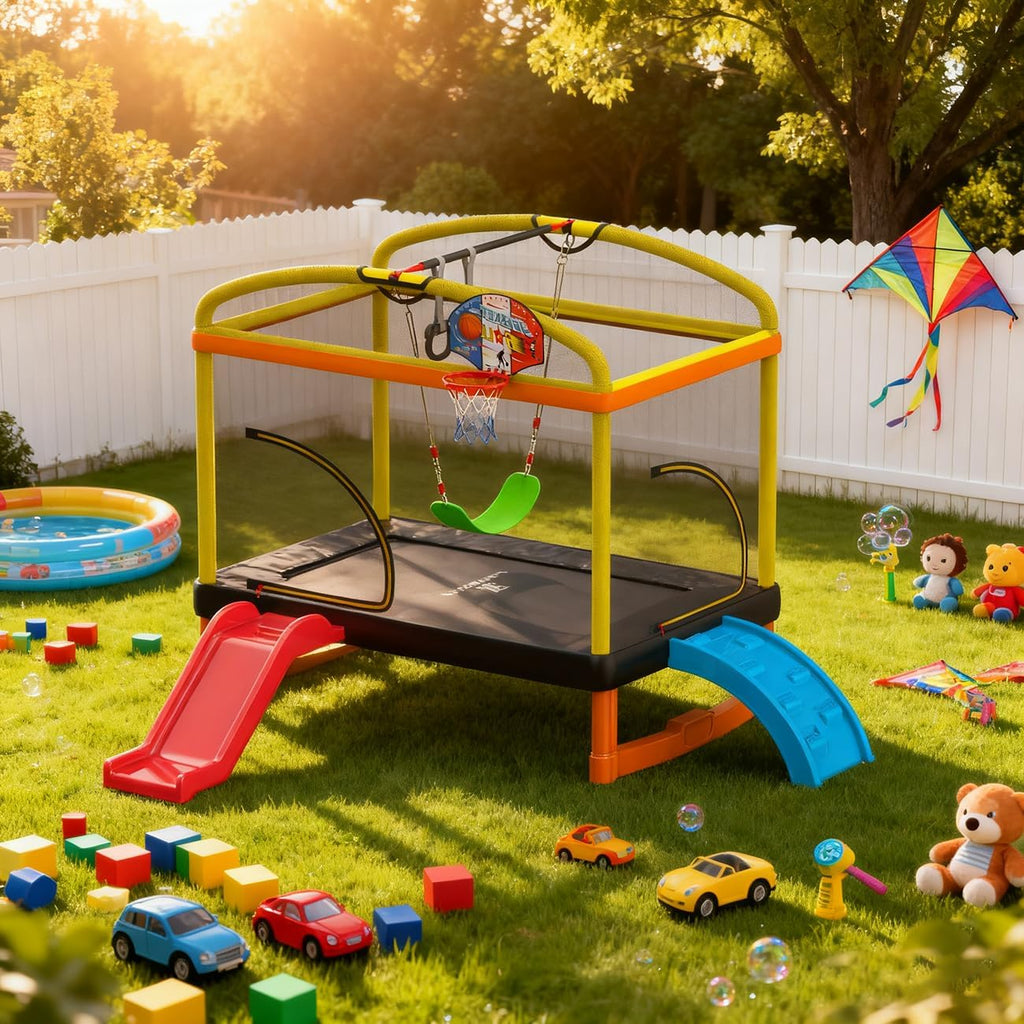 LANGXUN 6.5Ft 7-in-1 Rectangle Trampoline for Kids, with Climb, Slide, Swing, Basketball Hoop, Multi-Functional Indoor Outdoor Baby Toddler Mini Trampoline for Girls and Boys Birthday Gift, Age 1-10