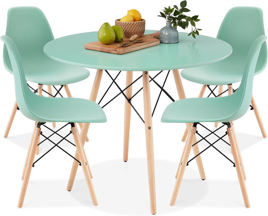 Best Choice Products 5-Piece Dining Set, Compact Mid-Century Modern Table & Chair Set for Home, Apartment w/ 4 Chairs, Plastic Seats, Wooden Legs, Metal Frame - Light Green/Oak