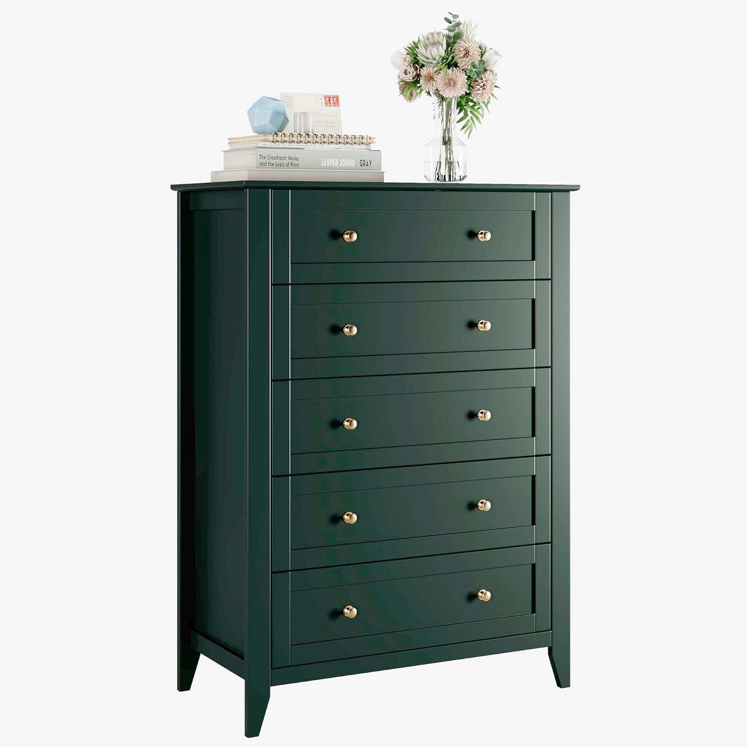 IDEALHOUSE Green 5 Drawer Dresser for Bedroom, Tall Dresser with Deep Drawers & Metal Knobs, Modern Wooden Chests of Drawers for Entryway, Hallway