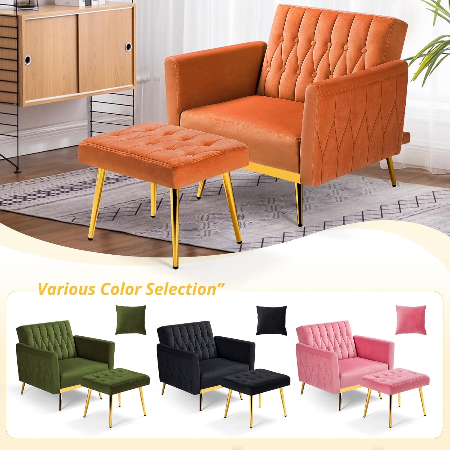 Velvet Accent Chair w/Adjustable Armrests and Backrest, Button Tufted Lounge Chair, Single Recliner Armchair with Ottoman and Pillow for Living Room, Bedroom,Orange