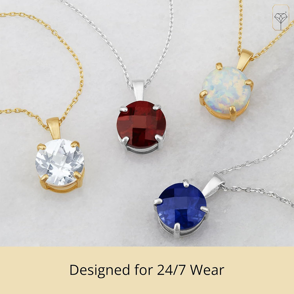 MAX + STONE 14k White or Yellow Gold Gemstone Round Pendant Necklace for Women 8mm Solitaire Birthstone with 18 Inch Cable Chain