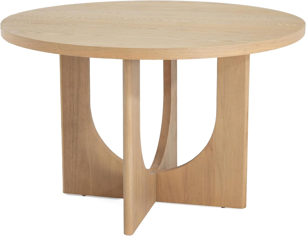 Christopher Knight Home Zeka Wooden Round Dining Table Set for 4, 5 Piece Dining Set, Dining Room Table Set for 4, Kitchen Table with Cross Leg and Upholstered Chairs, Natural + Beige