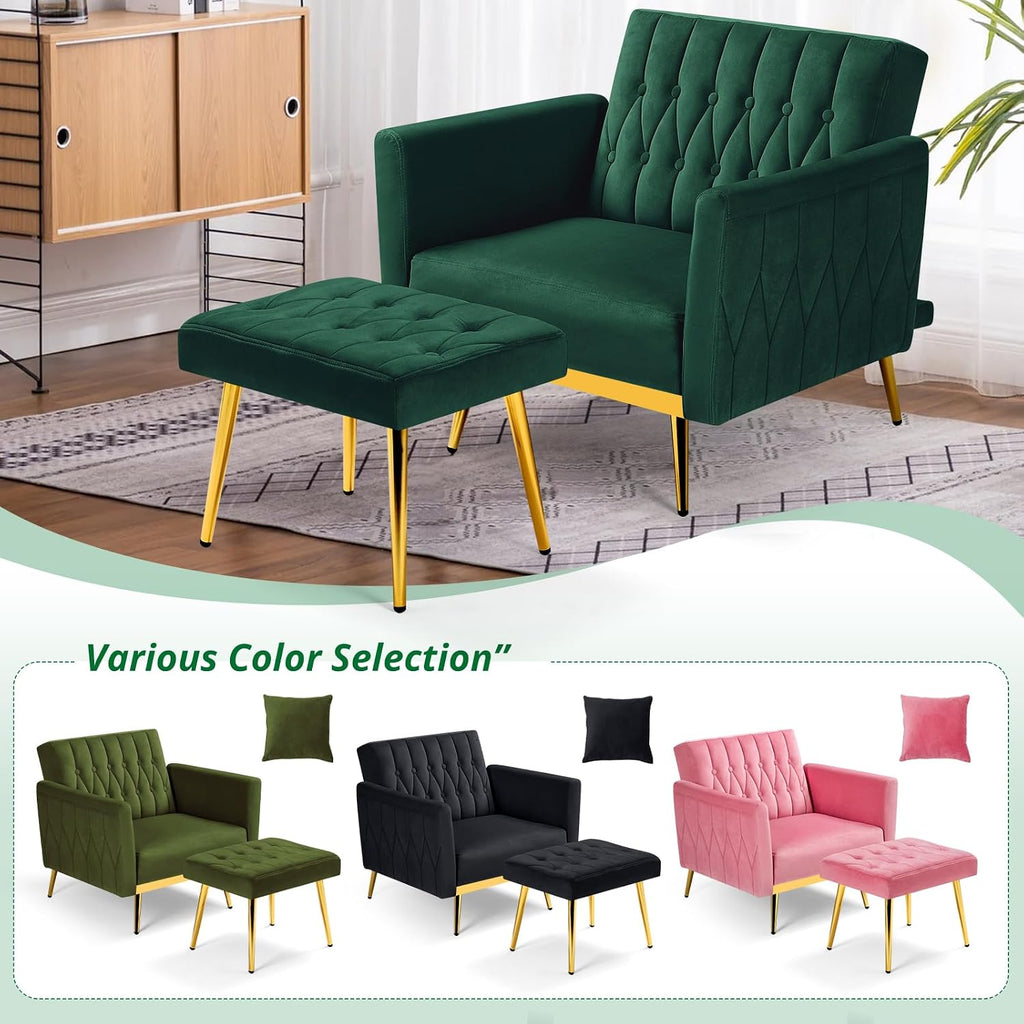 Velvet Accent Chair with Adjustable Armrests and Backrest, Button Tufted Lounge Chair, Single Recliner Armchair with Ottoman and Pillow for Living Room, Bedroom, Green