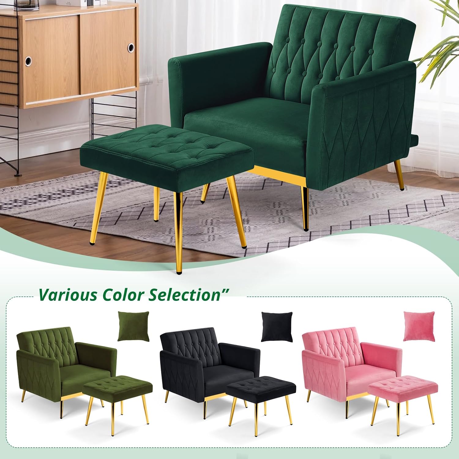 Velvet Accent Chair with Adjustable Armrests and Backrest, Button Tufted Lounge Chair, Single Recliner Armchair with Ottoman and Pillow for Living Room, Bedroom, Green