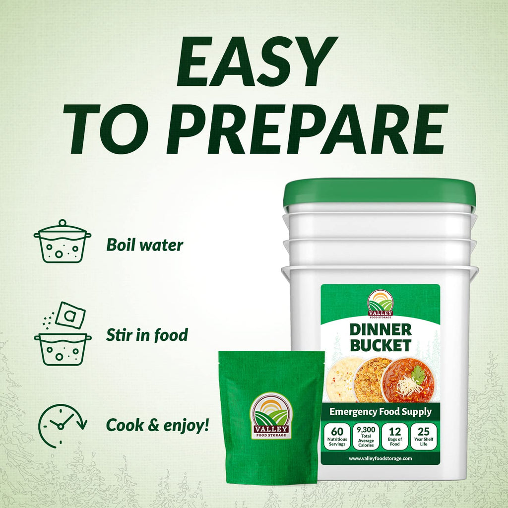 Valley Food Storage 60 Serving Dinner Bucket | Premium Emergency Food Supply with 25 Year Shelf Life | Non-GMO Survival Food, Prepper Meals, Camping & Off-Grid Living Supplies | Packaged in USA