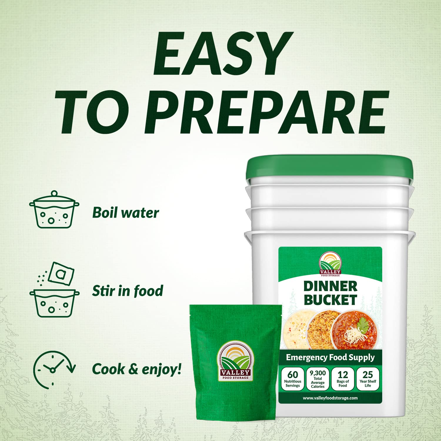 Valley Food Storage 60 Serving Dinner Bucket | Premium Emergency Food Supply with 25 Year Shelf Life | Non-GMO Survival Food, Prepper Meals, Camping & Off-Grid Living Supplies | Packaged in USA