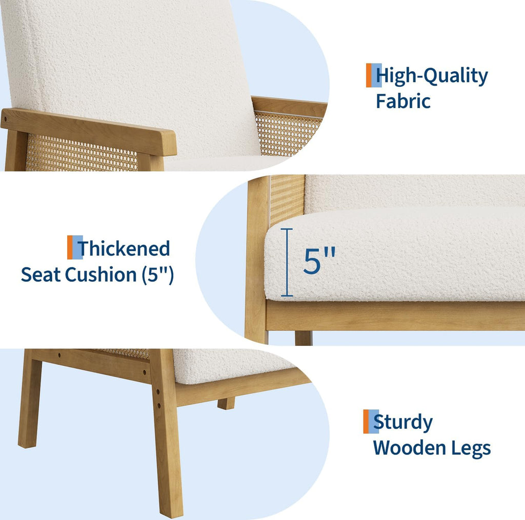 Garvee Boucle Accent Chair, Rattan Armchair with Wooden Frame, High Back, Upholstered Reading Chair Leisure Chairs for Living Room Bedroom Waiting Room Reception, White