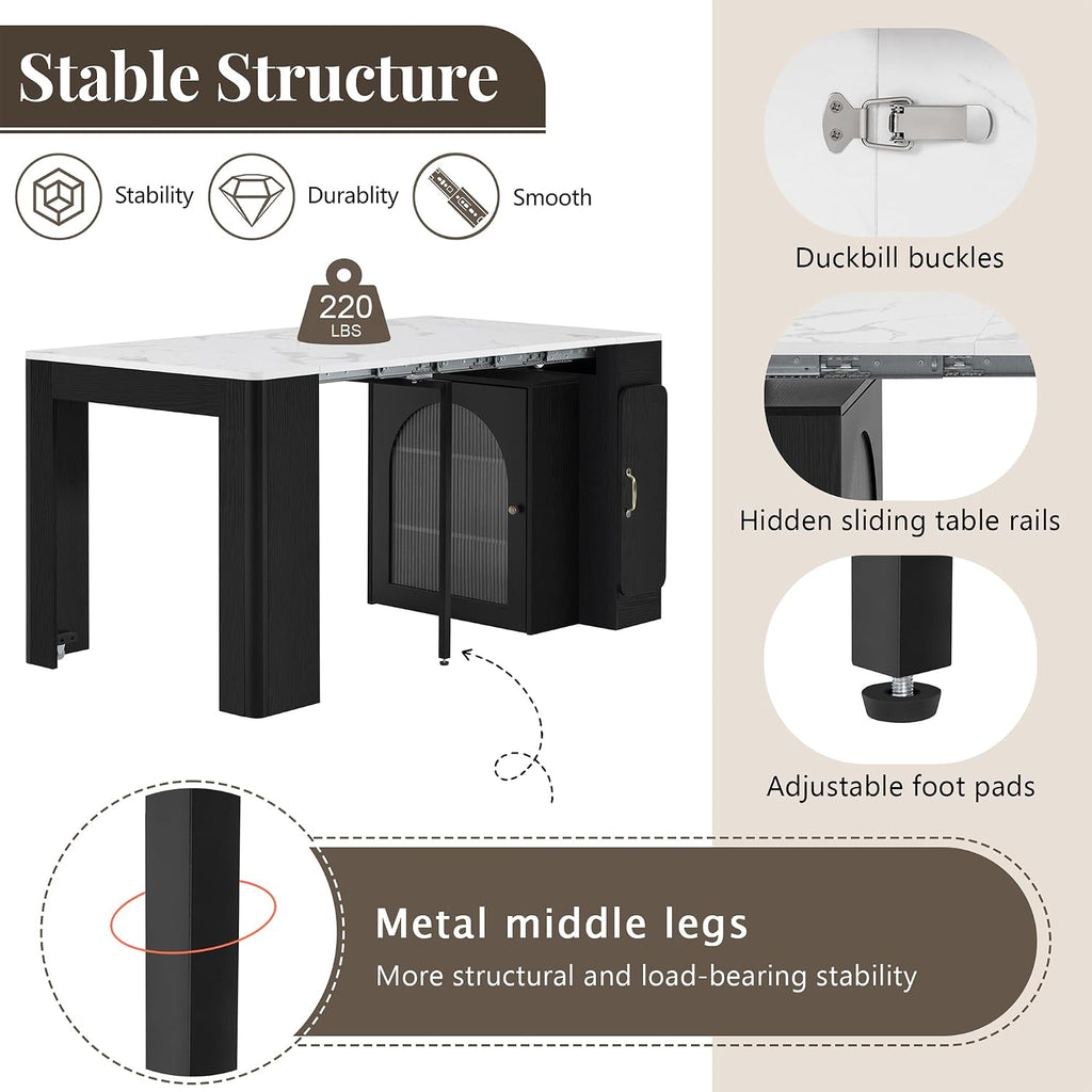 15.6' - 59' Extendable Dining Table, Mobile Kitchen Island with Storage Cabinet, Power Outlet and LED Lights, Space-Saving Dining Table for Small Spaces, Black and Marble White