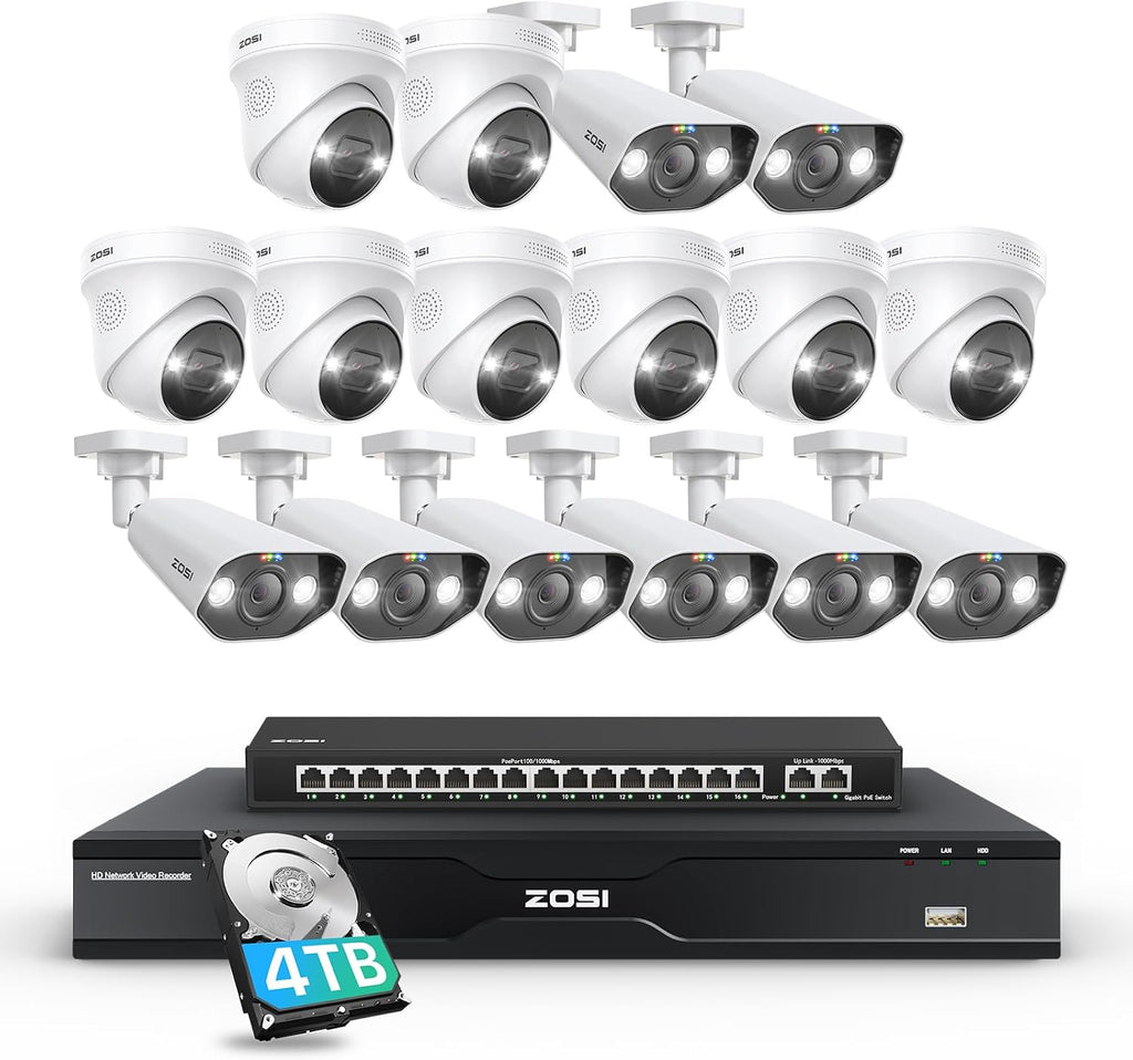 ZOSI 32CH 4K PoE Security Camera System, 16pcs 8MP Outdoor Indoor IP Cameras, Face Person Vehicle Detection, 2 Way Audio, Spotlight Siren, 32 Channel 4K NVR with 4TB HDD for 24/7 Recording