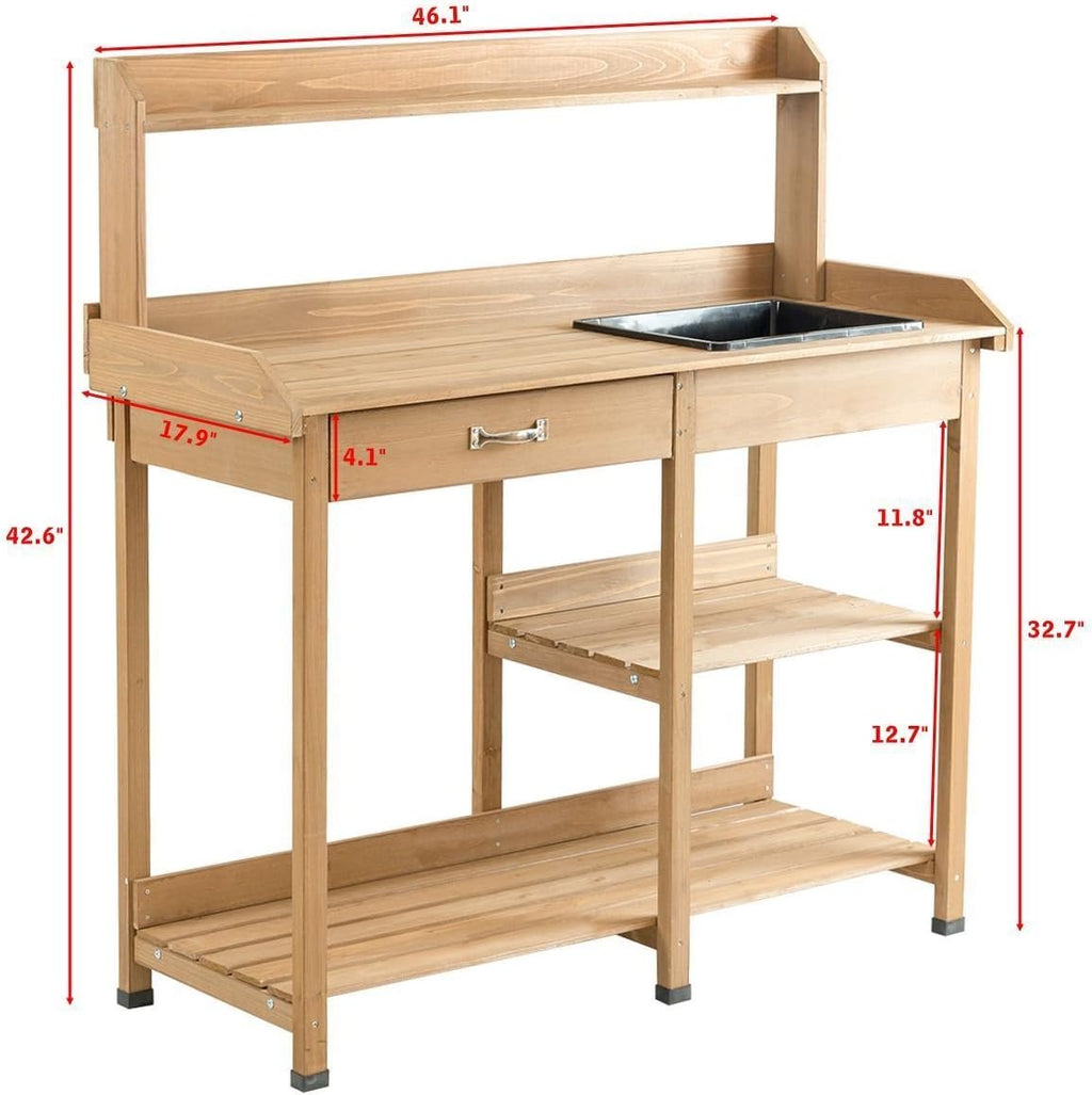 Wooden Outdoor Planting Gardening Garden Potting Bench Workbench Workstation Table Removable Sink Drawer 2 Tiers Storage Shelves Rack Open Shelf 3 Side Hooks Gardening Supplies Tools Storage