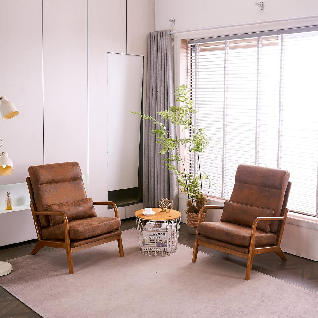 Karl home Accent Chair Mid-Century Modern Chair with Pillow High Back Bronzing Cloth Upholstered Lounge Arm Chair with Solid Wood Frame & Soft Cushion for Living Room, Bedroom, Balcony, Brown