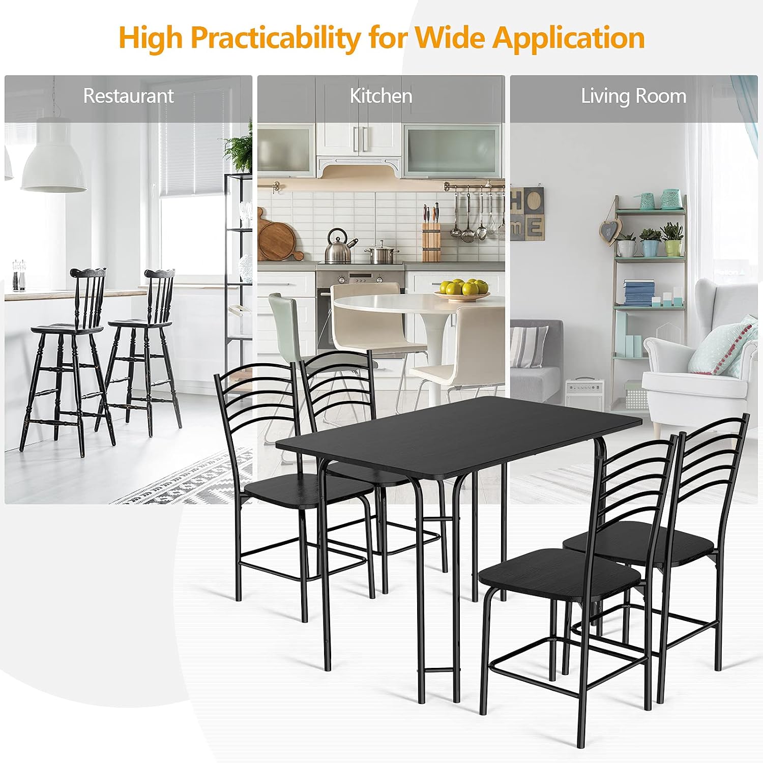Giantex 5 PCS Dining Table Set 4 Person, Modern Kitchen Table and 4 Chairs, Wooden Top and Metal Legs, Home Dining Room Breakfast Furniture Rectangular Table, Black
