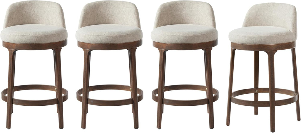 Christopher Knight Home Linhill 26.5' H Bar Stools Set of 4, Indoor Wooden Counter Stools with Round Upholstered Seat, Kitchen Stools, Rubberwood Frame with Footrest for Dining Island, Beige + Walnut