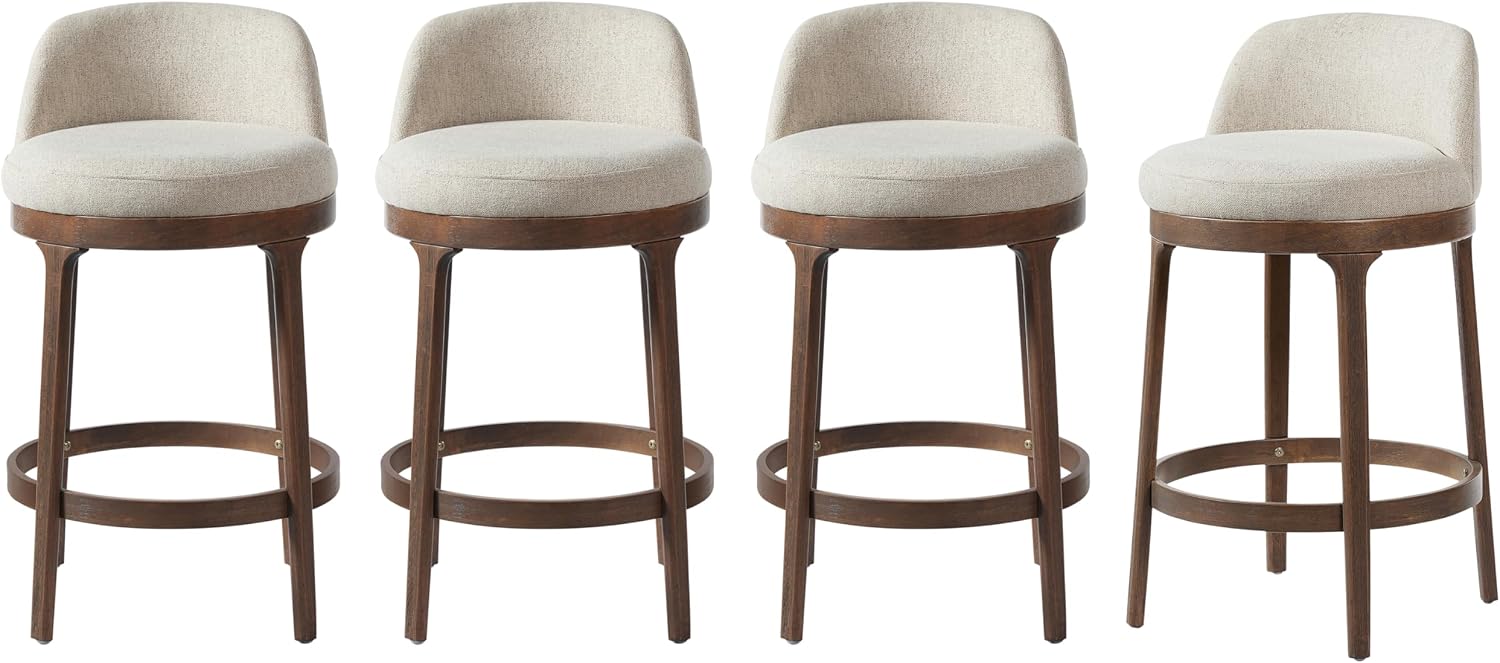 Christopher Knight Home Linhill 26.5' H Bar Stools Set of 4, Indoor Wooden Counter Stools with Round Upholstered Seat, Kitchen Stools, Rubberwood Frame with Footrest for Dining Island, Beige + Walnut